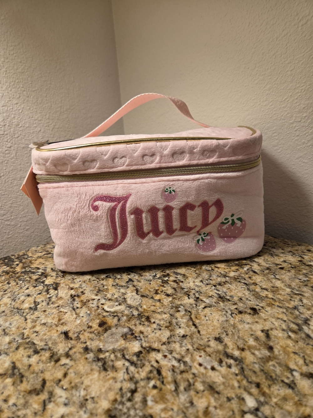 Juicy Couture Plush Pink Cosmetic Case with Strawberry Details